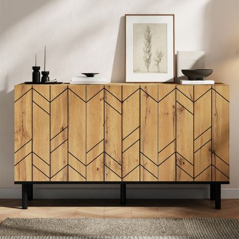 Buffet 120x35x70 cm avec 3 Portes, Motif Graphique, Pieds Métal, Panneaux de Particules, Bois Naturel et Noir (1/5)