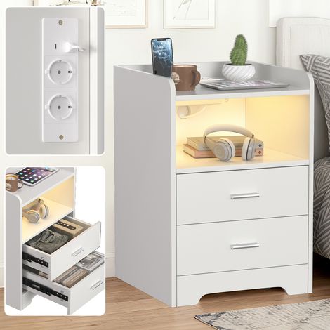 Jiubiaz Comodino, con LED multicolore regolabile, 2 cassetti, connettività Bluetooth, bianco (1/5)
