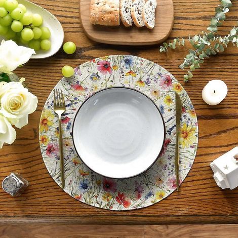 Ensemble de 4 sets de table ronds printaniers à motifs de marguerites et de lavande, 35,5 cm (14 pouces), beige, pour la décoration de table printanière, idéale pour les fêtes, la cuisine et les repas (1/4)