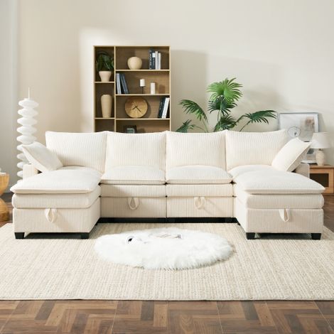 Canapé d'angle, canapé 6 places avec 2 repose-pieds, ports USB, compartiments de rangement et porte-gobelets, en velours côtelé, beige (1/5)