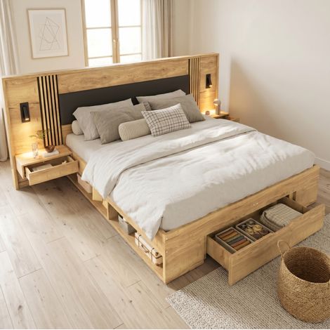 Doppelbett 180x200 cm Naturfarben aus MDF mit Stauraum, gepolstertem Kopfteil und Leselampen (1/5)