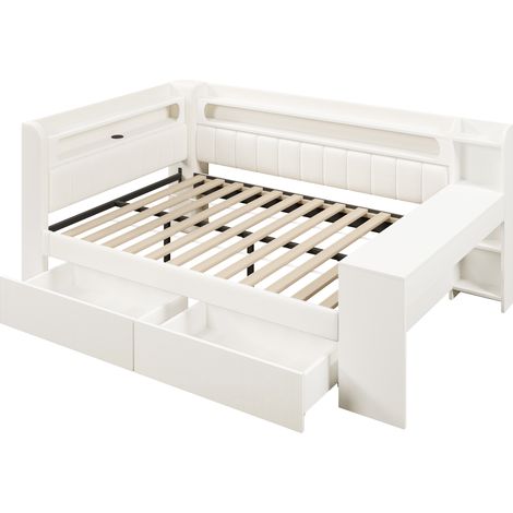 Letto da giorno imbottito 140x200 cm con scrivania, 2 cassetti, USB e LED, bianco HOMVRA (1/5)