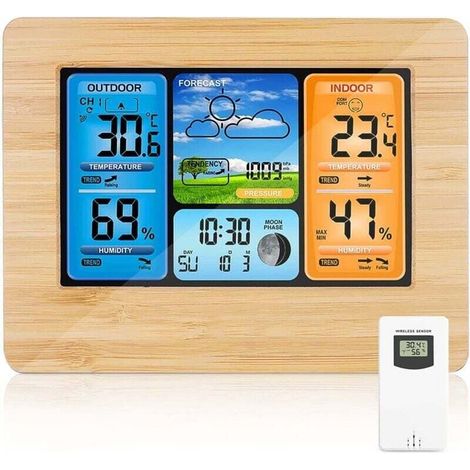 Station Météo sans Fil Station Météo à Prévision Numérique des Couleurs avec Alerte et Température/Humidité/Baromètre/Alarme/Horloge Lunaire/Météo avec Capteur Extérieur (1/4)