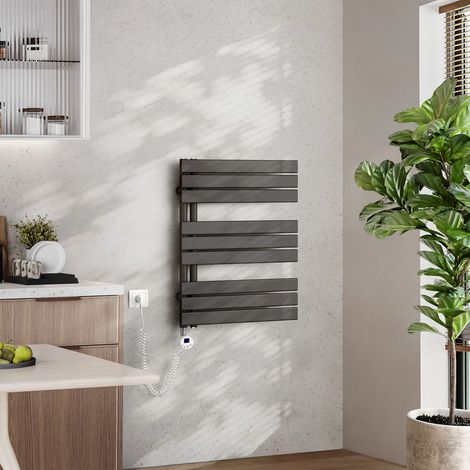 EMKE Elektrischer Badheizkörper mit WiFi 76 x 60 cm Anthrazit 400 W Handtuchheizkörper, Smart Home, Flachrohr 24/7 Timer & Alexa kompatibel