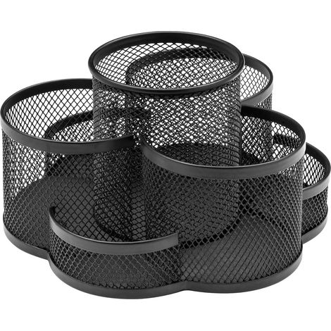 Organiseur de bureau rotatif en maille métallique noire Porte-stylo rotatif Organiseur de maquillage rotatif 7 compartiments H11 x L17,5 x P17,5 cm (1/5)