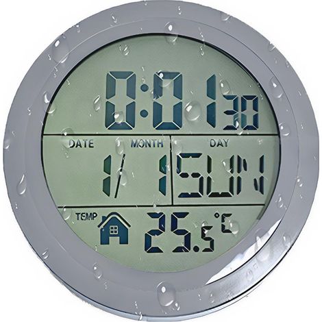 IPX4 Horloge numérique LCD avec heure/date/semaine/température – Horloge de salle de bain, cuisine, douche (1/5)