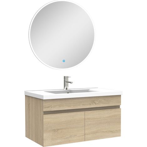 Ensemble meubles Salle de Bain simple vasque 80cm + miroir rond lumineux Chêne Wotan (1/5)