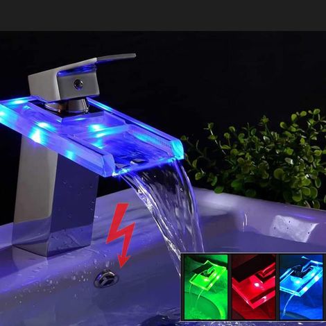 Rubinetto LED con cascata in vetro, rubinetto per lavabo RGB, rubinetto per lavabo, miscelatore per bagno in vetro illuminato, 3 cambi di colore