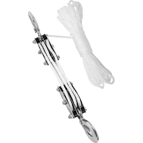 Palan à poulies 3 roues acier avec roulements, corde 15m blanche, crochet ressort, capacité 200kg, pour levage camping bricolage (1/4)