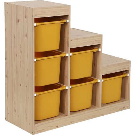 Children's storage unit staircase 6 storage bins natural wood decor and mustard yellow - Sora