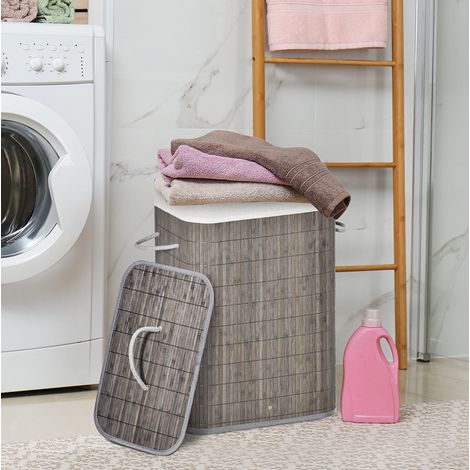 Cesto de ropa de bambú estrecho con tapa, 43 x 32 x 61 cm, gris OKMYHOME (1/5)