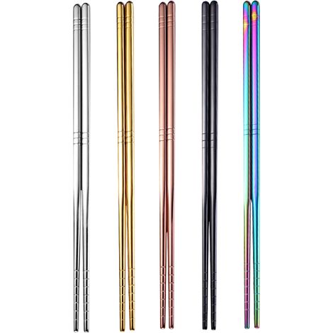 5 paires de baguettes en métal, 22,6 cm, acier inoxydable, coloris variés, idéales pour cuisine asiatique, restauration et cadeaux (1/5)