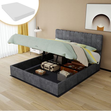 DESVIAE Lit rembourré en tissu avec tête de lit haute 160 x 200 cm gris structure en métal et bois avec matelas inclus (1/5)