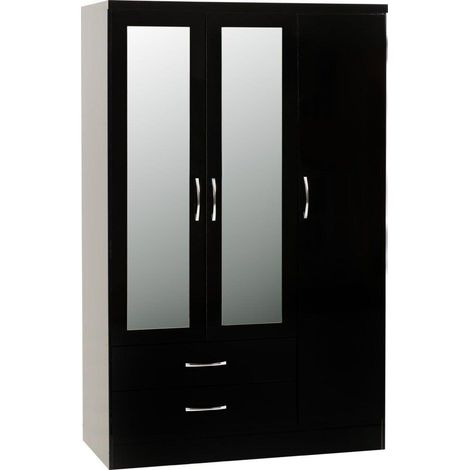 Nevada 3 Door 2 Drawer Mirrored Wardrobe - L52 x W116 x H182.5 cm - Black Gloss (1/4)