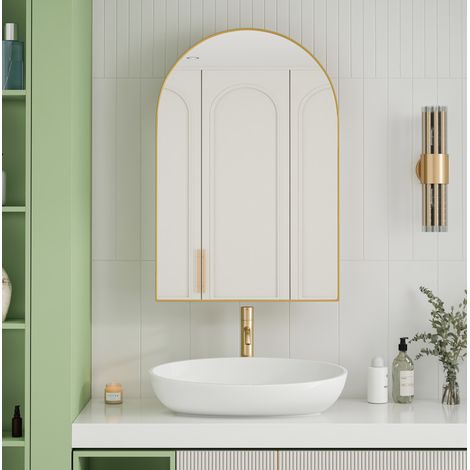 Mobile bagno a specchio ad arco in metallo oro, pensile o da incasso, con 2 ripiani in vetro regolabili (1/5)