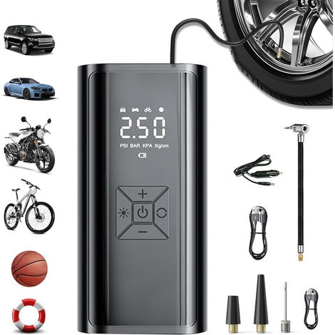 Gonfleur Pneus Voiture, 12V Pompe à Air Électrique Compresseur à Air Portatif avec écran Numérique et lumières LED pour Vélo,Moto,Scoote,Balle (1/5)