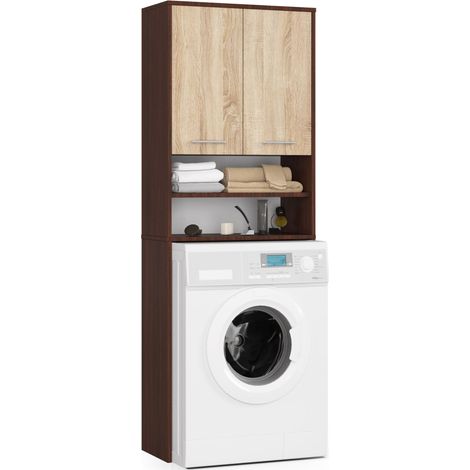 Meuble colonne de salle de bain wengé 64 cm – 2 portes chêne sonoma – 4 étagères – Hauteur 180 cm – Panneau stratifié – Abamihome