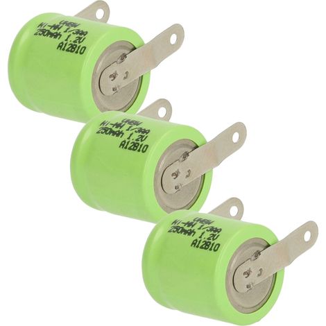 vhbw 3x Batteries remplacement pour 1/3AA pour modéle RC (250mAh, 1,2V, NiMH, vert, avec cosse à souder (U))
