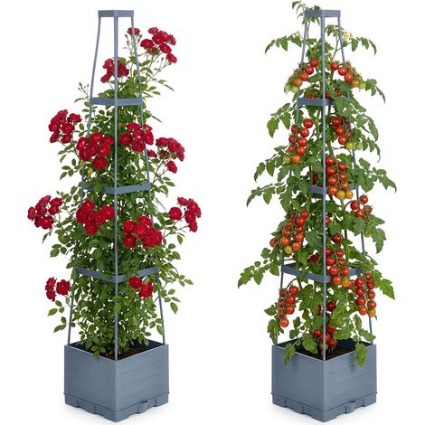 Relaxdays Pflanzkübel mit Rankhilfe, 2er Set, Tomaten, Rosen, Selbstbewässerung, HxBxT: 145x25x25 cm, Pflanzturm, grau (1/5)