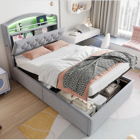 Cama infantil tapizada con almacenaje LED y USB OKMYHOME (1/5)