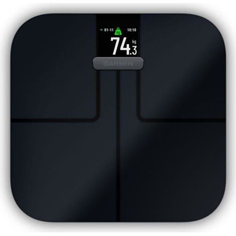 Balance connectée noire – Alimentation par 4 piles AAA – Synchronisation Wi-Fi et Bluetooth – Écran haute résolution – Analyse composition corporelle – Garmin