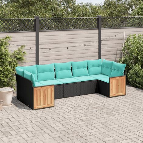7-teiliges Gartensofa-Set mit Kissen, schwarzes Polyrattan (1/5)