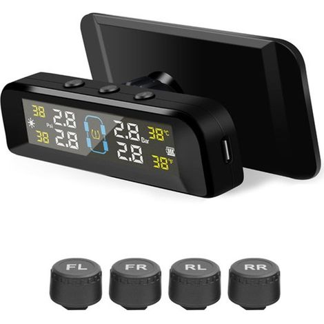 Sistema universal de monitorización de la presión de los neumáticos (TPMS) con energía solar y 5 modos de alarma. Mide entre 1,5 y 6 bares gracia