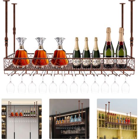 Support à vin suspendu bronze - Verres suspendus - Plafond - Charge 50 kg - 12-24 bouteilles - Hauteur réglable - Pour cuisine, bar