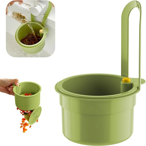 Panier d'évier suspendu au robinet, poussoir pour vider, idéal pour déchets et légumes (vert). (1/5)