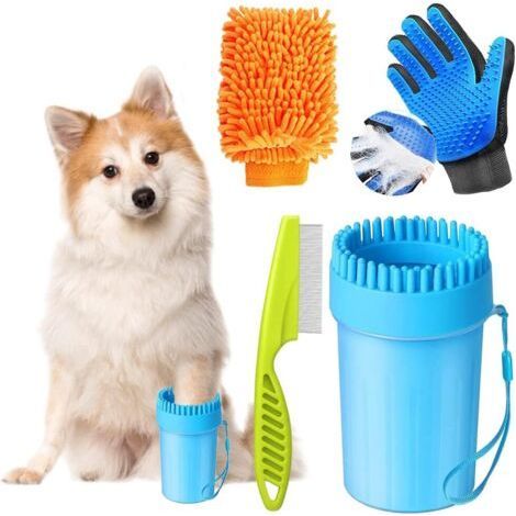 Nettoyeur de Pattes pour Chien,Tasse de Nettoyage pour Animaux de Compagnie,Tasse de Nettoyage pour Animaux,Peigne à Puces,Gant de Toilettage pour Animaux,Gant en Microfibre (1/5)