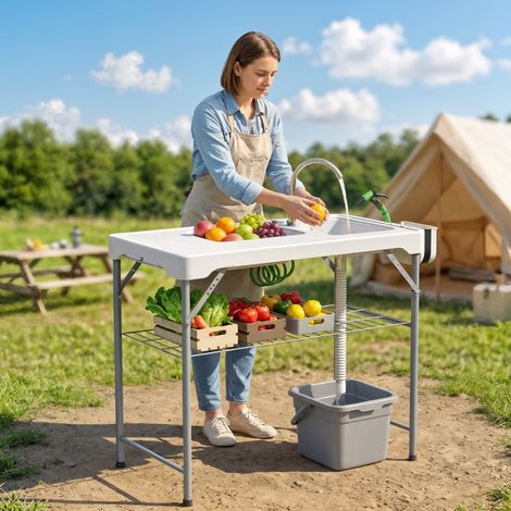 Table pliante pour camping avec 2 éviers Schlauch de drainage Station de nettoyage et robinet blanc (1/5)