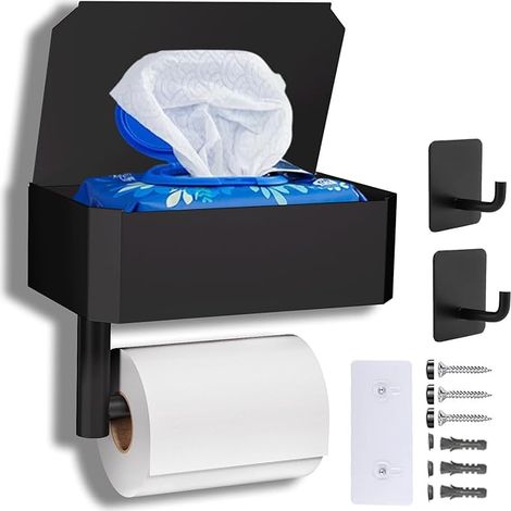 Toilet Paper Holder, Toilet Roll Holder, Wall Mounted Toilet Paper Holder without Drilling (Black) (1/5)