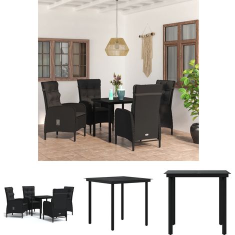 Gartenmöbel Schwarz - vidaXL 5-tlg. Garten-Essgruppe mit Kissen Schwarz - Rattanstuhl (1/5)