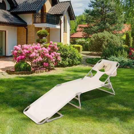 Pour Plage et Extérieur Transat Pliable Bain de Soleil de Camping avec Dossier Repose-Pieds Réglables et Trou Visage Beige (1/5)