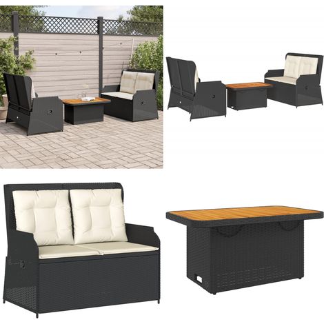 Salon de jardin 3 pcs avec coussins Noir Résine tressée - Banc de jardin - Table de jardin (1/5)