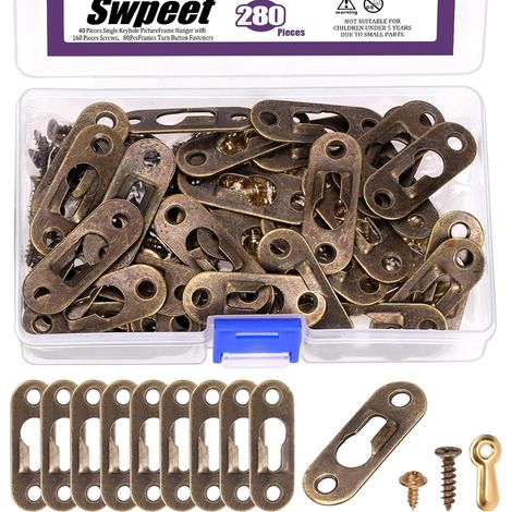 280Pcs 45 x 16mm Bronze acier au carbone cintres à trou de serrure avec vis et boîtier de fixation à bouton tournant Kit d’assortiment, plaque accrocheuse de serrure cintre pour cadre, clé (1/5)