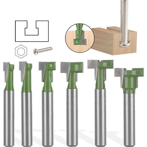 Fraise à rainure en T 6,35 mm, jeu de 6 fraises à queue pour défonceuse, outils de menuiserie pour bois, affleureuse électrique, coupe en T robuste (1/5)