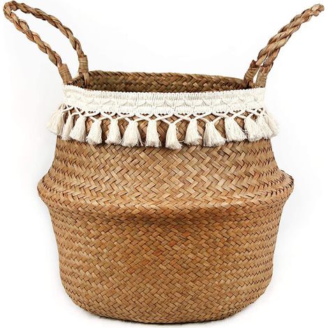 Panier ventral en jonc de mer tressé en macramé avec pompons, idéal pour le rangement, la décoration, le linge, les pique-niques, comme cache-pot de fleurs, pour les courses et les jouets (pompons) (1/5)
