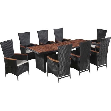 Salon de jardin 9 pcs avec coussins Résine tressée Noir 35 (1/5)