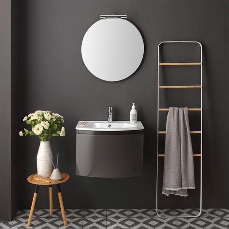 Mueble De Baño Curvo Colgante Cm 62 Gris Brillante Espejo Redondo Riva (1/5)
