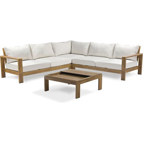 Dcb Garden – Salon de jardin d'angle aluminium effet bois 5 places – Table carrée HPL amovible – Coussins déhoussables – Confort optimal (1/5)