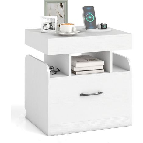 COSTWAY Nightstand Bedside Table with Drawer & Sliding Top Storage-White (1/5)
