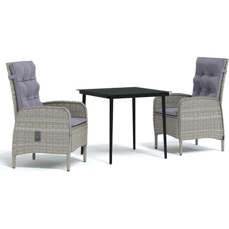 Ensemble repas de jardin table et 2 chaises en résine tressée avec coussins gris et noir 3 pièces (1/5)