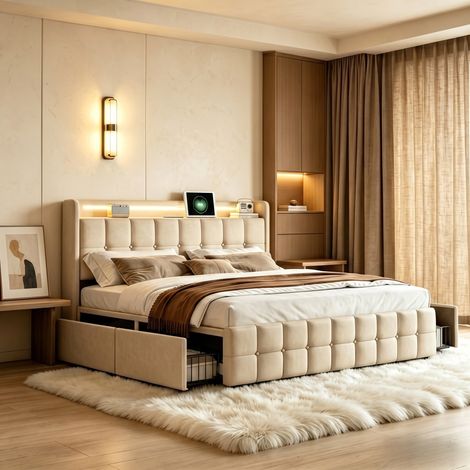 Lit avec tiroirs 180x200cm,Lit adulte 180x200 avec 4 tiroirs,Tête de lit avec lumières LED réglables et chargement USB,Dossier souple,lin,beige (1/5)