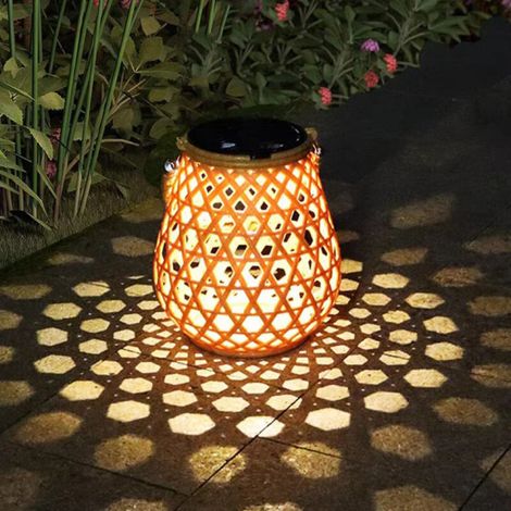 Lanterne solaire d'extérieur, lampe solaire style bambou tressé, étanche IP65, éclairage solaire de jardin, lumière blanc chaud 3500K (1/5)