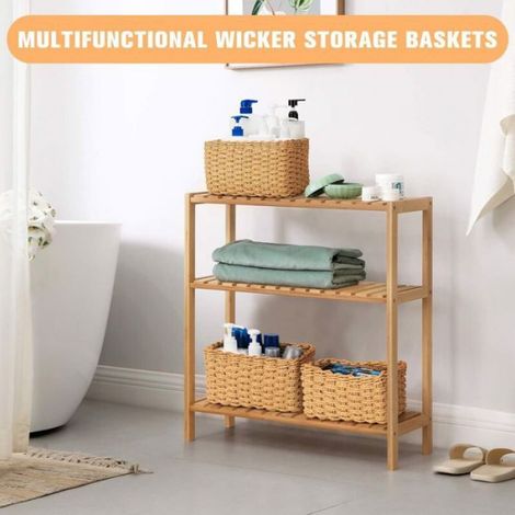 Lot de 4 Panier, Osier Tressé, Empilable, Marron, Rangement Salon Chambre Salle de Bain (1/4)