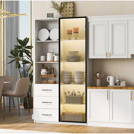 Vitrine LED blanche 80 x 40 x 160 cm avec porte vitrée, 3 tiroirs et 3 niches (1/5)
