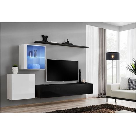 Ensemble meuble TV mural  - Switch XV - 250 cm  x 150 cm  x 40 cm - Blanc et noir - Livraison gratuite