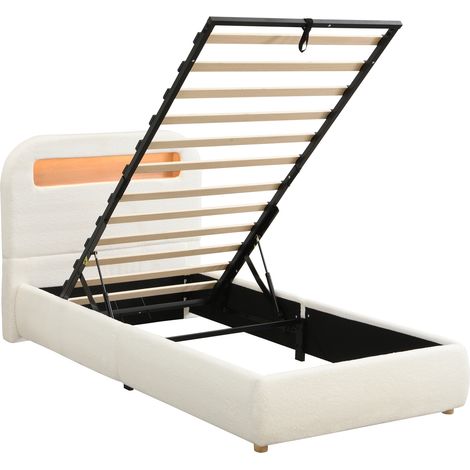 Cama con almacenaje hidráulico 90 x 200 cm en bouclé blanco, somier de láminas y LED (1/5)