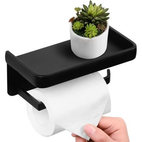 Toilet Paper Holder, Wall-Mounted Aluminum Roll Holder with Storage Shelf, Black (1/4)